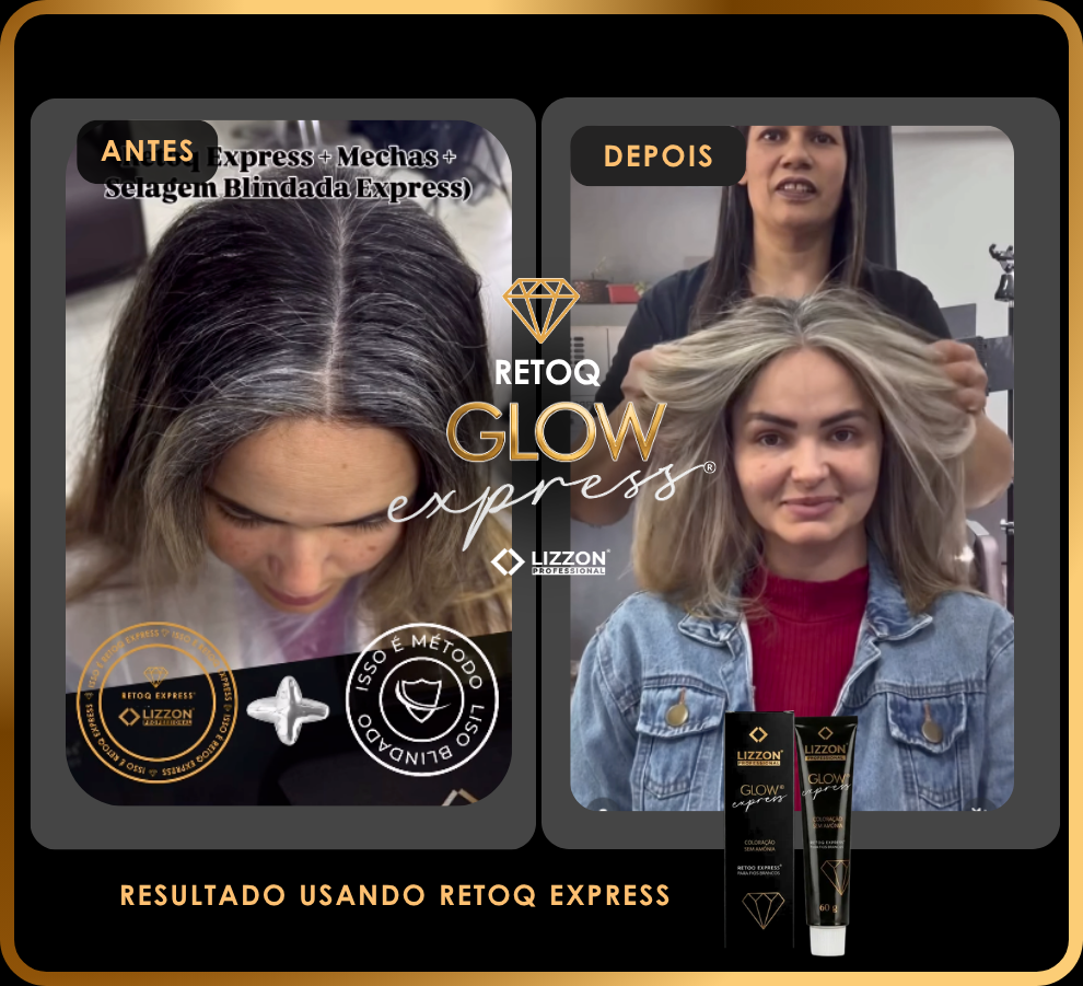 Imagem em tela dividida de uma mulher antes e depois do tratamento capilar: à esquerda, cabelo escuro com raízes grisalhas; à direita, cabelo mais claro e harmonizado, modelado com Retoq Glow Express – Tons Claros (do 6 ao 10). A embalagem do produto é mostrada na parte inferior.
