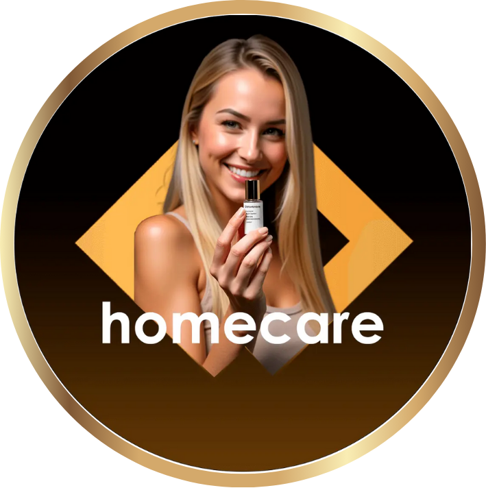 Uma mulher sorri enquanto segura um pequeno frasco, possivelmente um produto de beleza ou de cuidados com a pele, com a palavra homecare exibida abaixo dela. O plano de fundo apresenta um desenho geométrico estilizado em tons de dourado e preto.