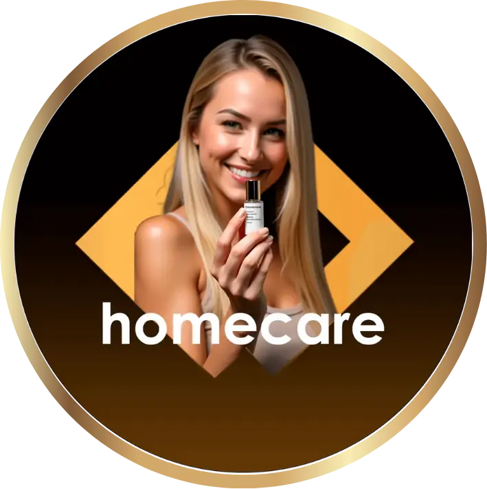 Uma mulher sorri enquanto segura um pequeno frasco, possivelmente um produto de beleza ou de cuidados com a pele, com a palavra homecare exibida abaixo dela. O plano de fundo apresenta um desenho geométrico estilizado em tons de dourado e preto.