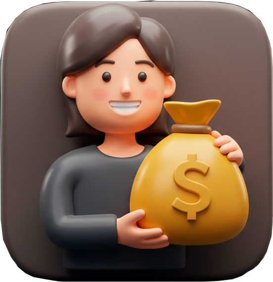 Ilustração em 3D de uma pessoa sorridente com cabelo escuro de comprimento médio segurando uma grande bolsa de dinheiro amarela com um cifrão, em um fundo quadrado escuro e arredondado.