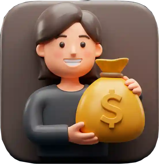Ilustração em 3D de uma pessoa sorridente com cabelo escuro de comprimento médio segurando uma grande bolsa de dinheiro amarela com um cifrão, em um fundo quadrado escuro e arredondado.