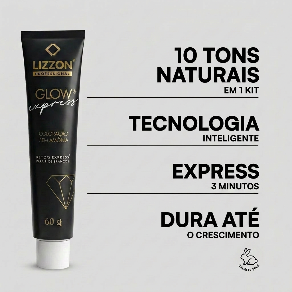 É exibido um bisnaga Glow Express - Tons Escuros (único, do 1 ao 5). Os textos destacam: tons escuros naturais, tecnologia inteligente, retoque em 3 minutos, dura até o cabelo crescer e é livre de crueldade animal.
