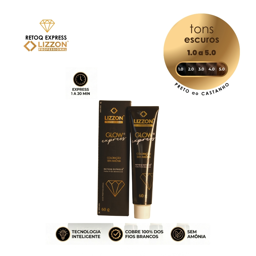 São mostrados uma caixa e um tubo pretos e dourados do Bisnaga Retoq Express (Tons Escuros). Os rótulos informam que ele cobre cabelos grisalhos, não contém amônia e é adequado para tons escuros (1,0 a 5,0). Os ícones apresentam os benefícios do Retoq Express e outros destaques do produto.
