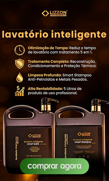 Dois grandes recipientes pretos do xampu inteligente Lizzon Lavatório são exibidos em um fundo marrom com as características do produto listadas em português. Um botão verde na parte inferior diz compre agora.