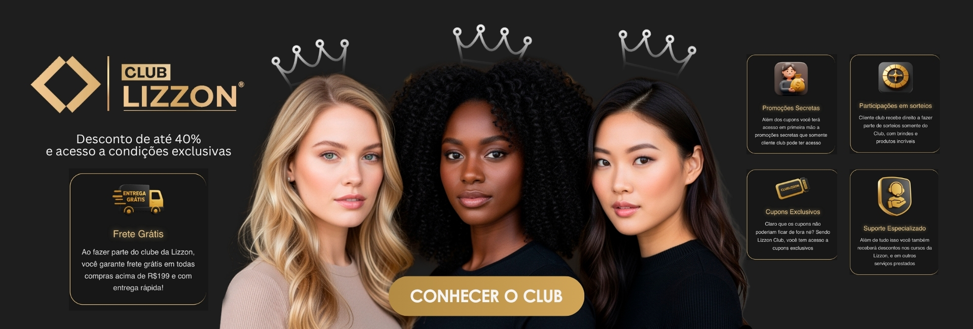 Três mulheres com diferentes tipos de cabelo estão em frente a um fundo escuro, cercadas por ícones e textos que destacam os benefícios do Club Lizzon, como descontos exclusivos, frete grátis, cursos e suporte personalizado da Lizzon.