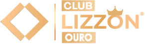 Logotipo dourado com uma forma geométrica de diamante à esquerda, uma linha vertical no centro e o texto CLUBE LIZZON OURO à direita, com um símbolo de coroa acima do 