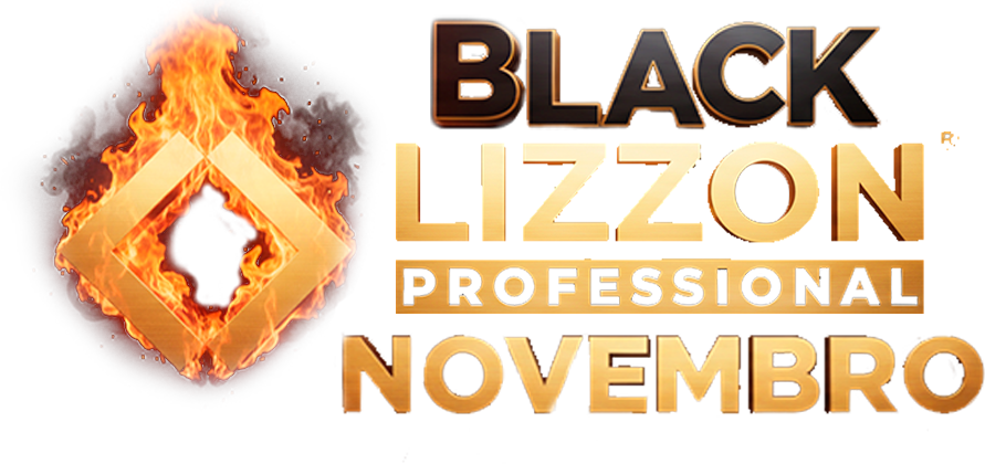 Um emblema de diamante dourado cercado por chamas está à esquerda, com as palavras Black Lizzon Professional Novembro em letras pretas e douradas em negrito à direita.