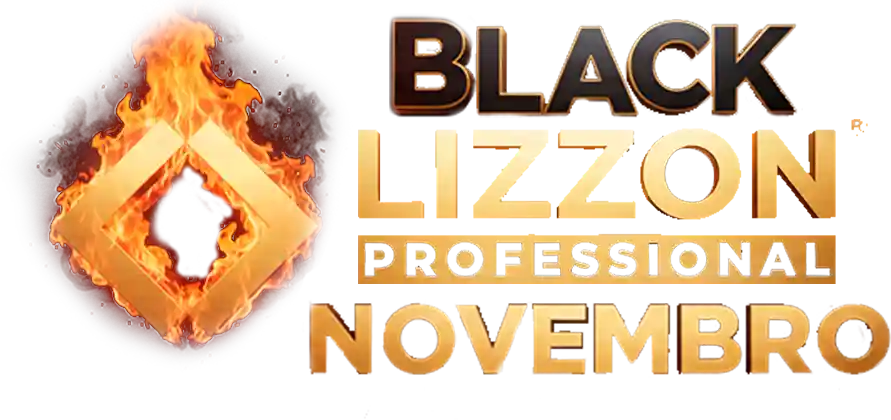 Um emblema de diamante dourado cercado por chamas está à esquerda, com as palavras Black Lizzon Professional Novembro em letras pretas e douradas em negrito à direita.