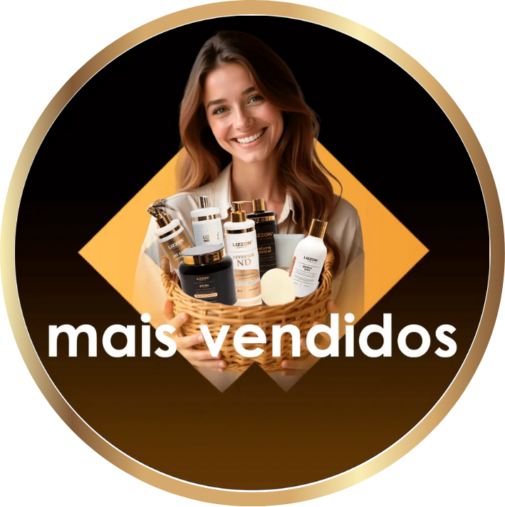 Uma mulher segurando uma cesta cheia de vários produtos de beleza ou de cuidados com a pele. O plano de fundo apresenta um design dourado e preto, e as palavras em português 