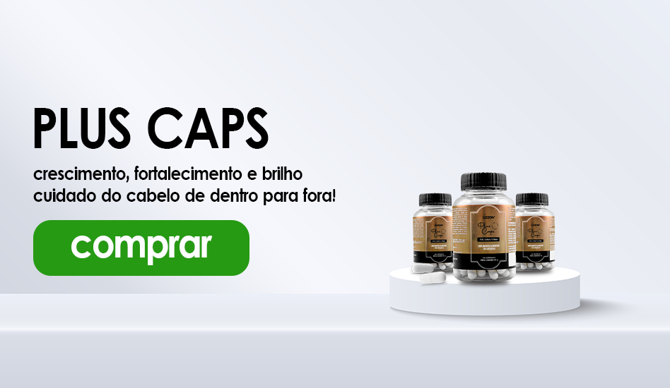 Quatro frascos do suplemento capilar Plus Caps by Lizzon são exibidos em uma plataforma branca, com texto destacando o crescimento, o fortalecimento e o brilho dos cabelos. Um grande botão verde com a inscrição comprar aparece à esquerda.