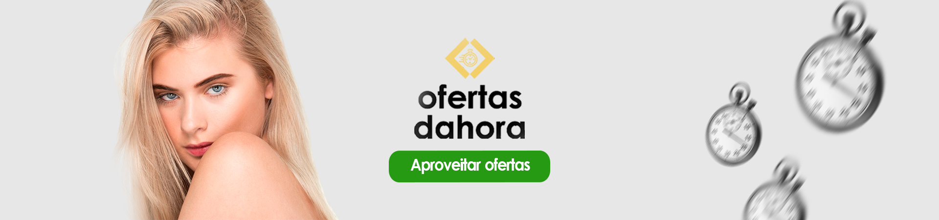 Uma mulher com longos cabelos loiros olha para a câmera ao lado do texto 