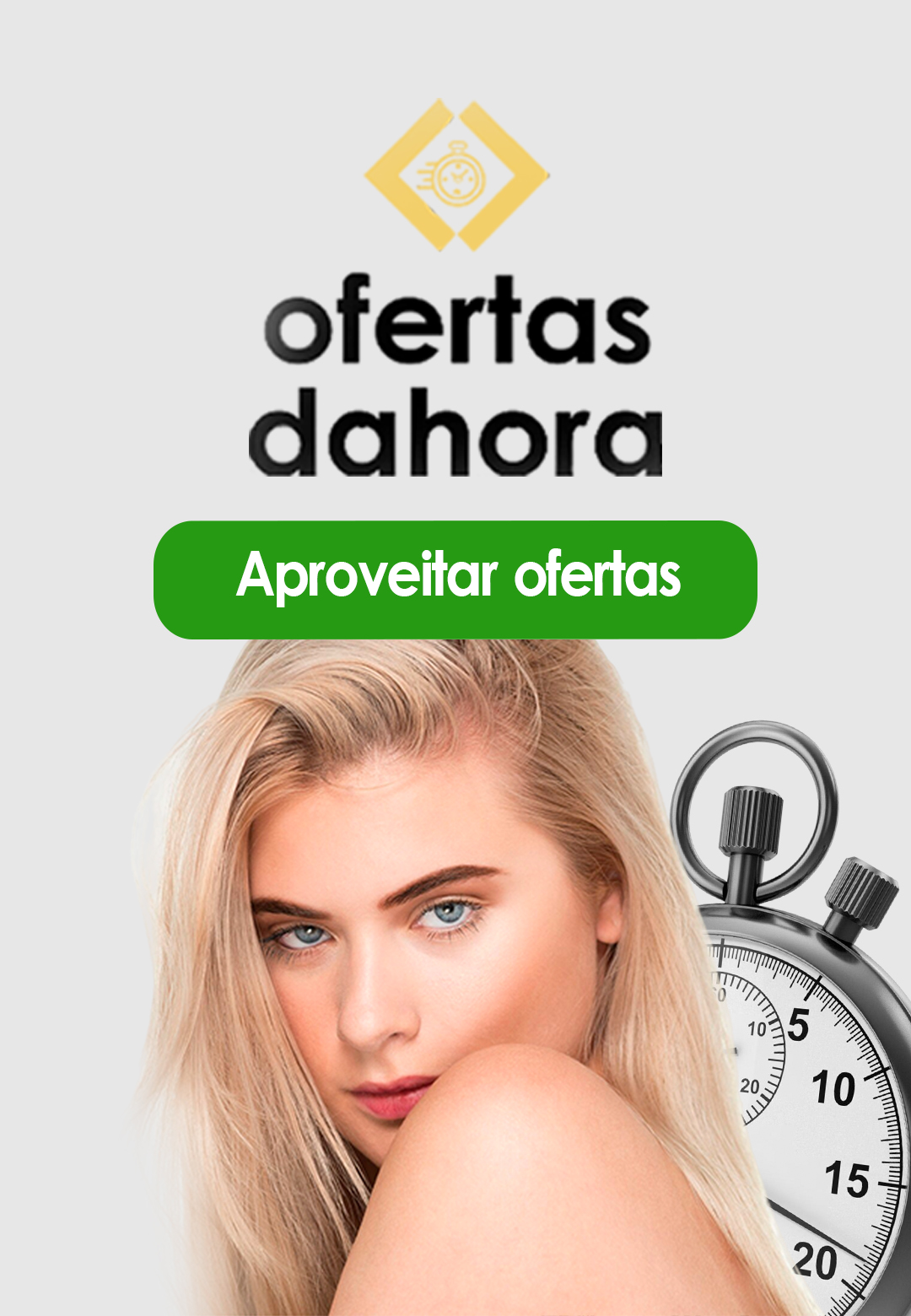 Imagem promocional com o texto ofertas dahora e Aproveitar ofertas acima de uma mulher loira e parte de um cronômetro, destacando ofertas especiais urgentes da lizzon.