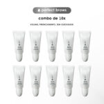 Dez tubos brancos idênticos do Perfect Brows (combo 10x) estão dispostos em duas fileiras de cinco em um fundo branco. Acima deles, o texto diz: combo de 10x e VOLUME, PREENCHIMENTO, SEM OLEOSIDADE.