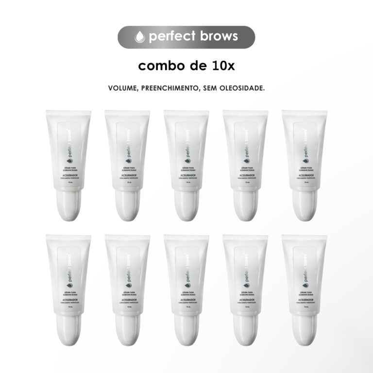 Dez tubos brancos idênticos do Perfect Brows (combo 10x) estão dispostos em duas fileiras de cinco em um fundo branco. Acima deles, o texto diz: combo de 10x e VOLUME, PREENCHIMENTO, SEM OLEOSIDADE.