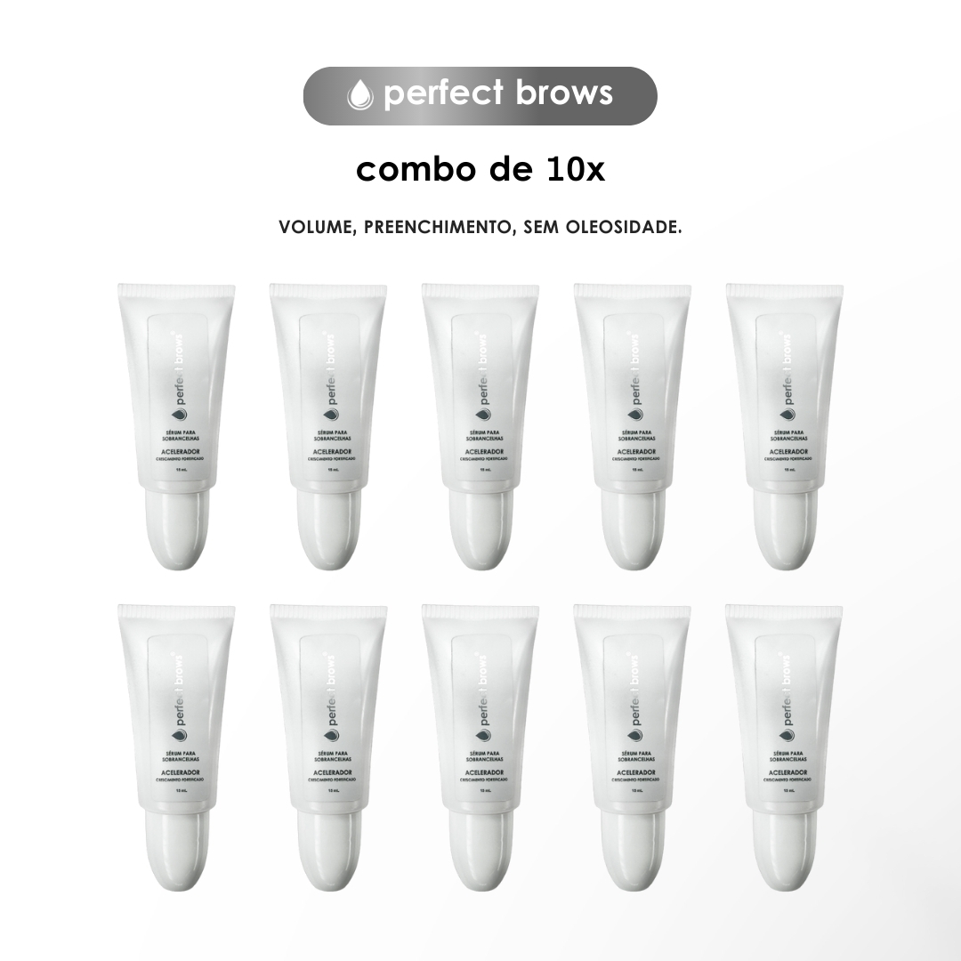 Dez tubos brancos idênticos do Perfect Brows (combo 10x) estão dispostos em duas fileiras de cinco em um fundo branco. Acima deles, o texto diz: combo de 10x e VOLUME, PREENCHIMENTO, SEM OLEOSIDADE.