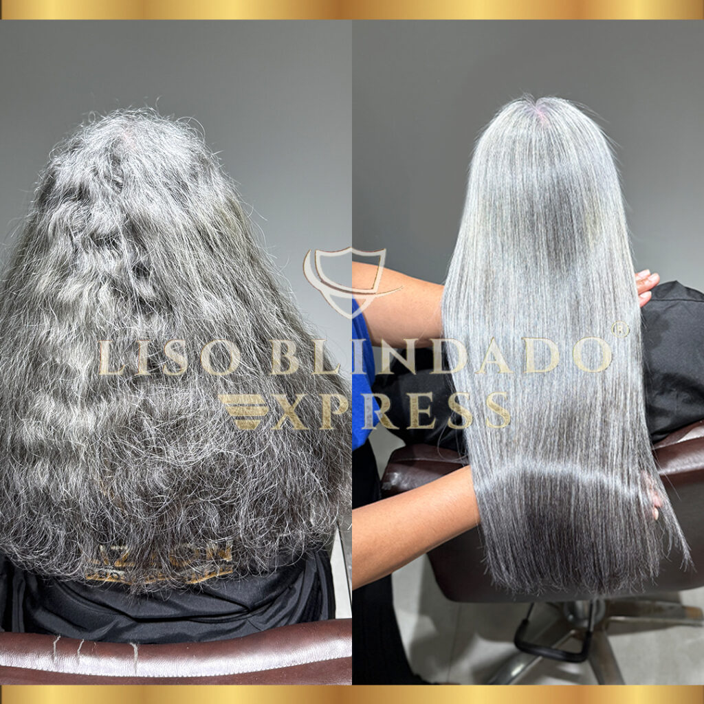 Comparação lado a lado de cabelos grisalhos antes e depois de um tratamento de alisamento. O lado esquerdo mostra o cabelo ondulado e crespo, enquanto o lado direito mostra o cabelo liso e suave. O texto