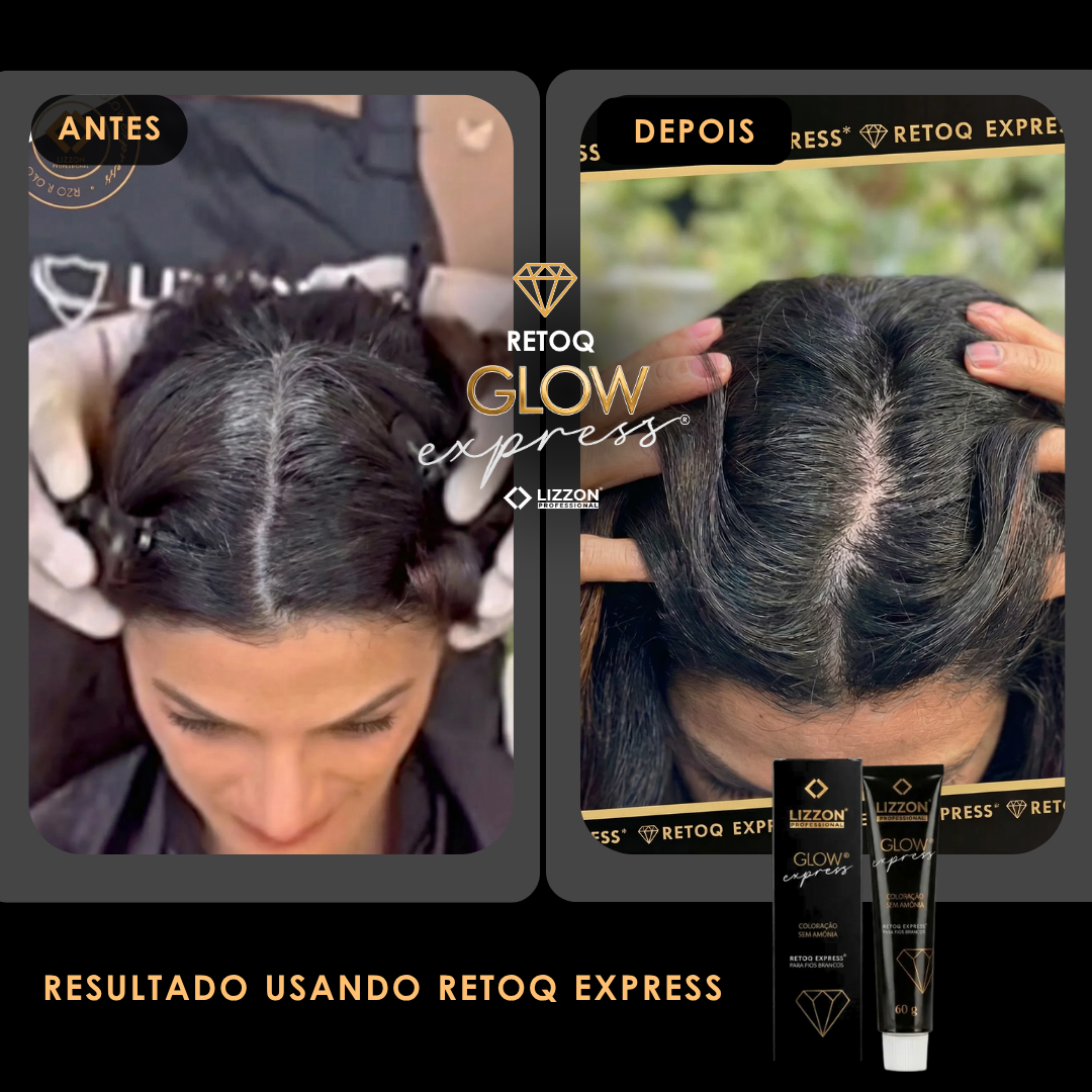 Comparação lado a lado do cabelo de uma mulher antes e depois do uso do Bisnaga Retoq Glow Express - Tons Escuros (único, do 1 ao 5); à esquerda, veem-se raízes grisalhas visíveis; à direita, observa-se uma cor mais escura e uniforme. Dois tubos do produto aparecem na parte inferior.