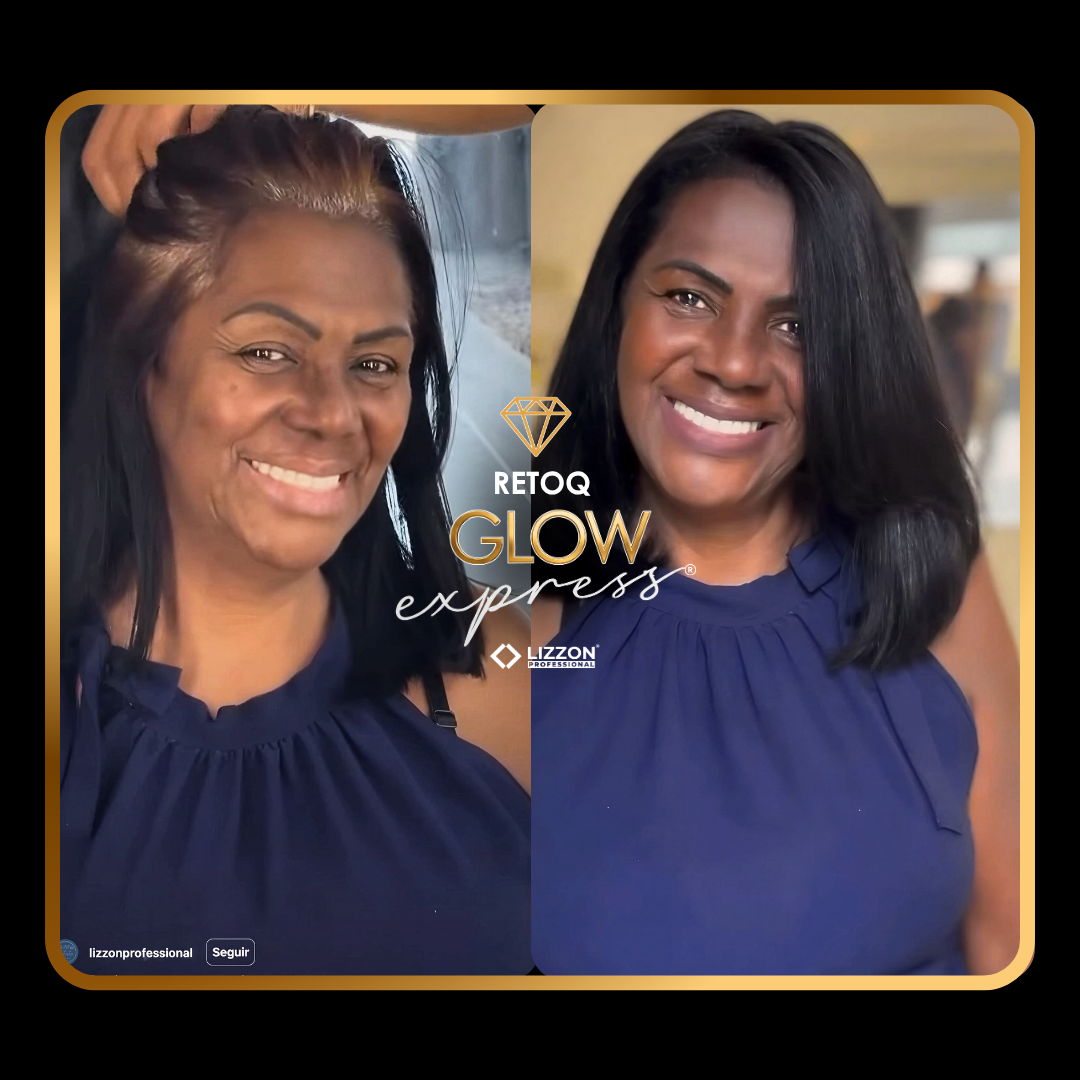 As fotos lado a lado mostram uma mulher de cabelos escuros antes e depois de usar o Bisnaga Retoq Glow Express - Tons Escuros (único, do 1 ao 5). À esquerda, o cabelo dela está crespo; à direita, está liso e arrumado. Ela usa uma blusa sem mangas azul-marinho nas duas fotos.