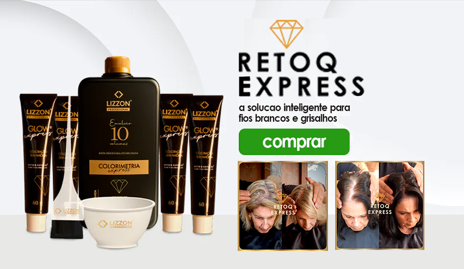 Um conjunto de produtos para cabelos Lizzon com embalagem elegante em preto e dourado é mostrado ao lado do texto RETOQ EXPRESS, a solução inteligente para fios brancos e grisalhos. Duas fotos abaixo mostram cabelos sendo tratados com Lizzon. Um botão verde de compra está visível.