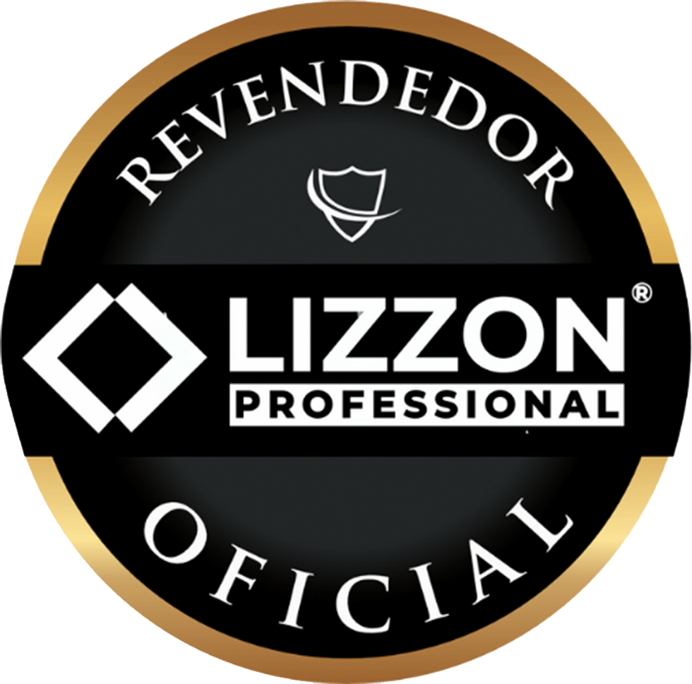 Distintivo circular com borda dourada e centro preto, com o texto REVENDEDOR OFICIAL e o logotipo e o nome LIZZON PROFESSIONAL em letras brancas, com um ícone de escudo acima do nome da marca.