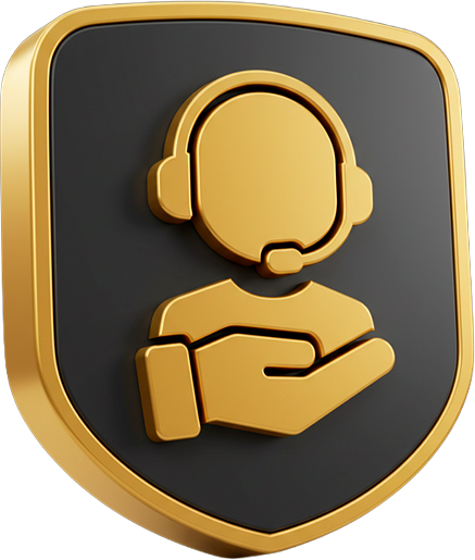 Um emblema dourado e preto em forma de escudo que exibe uma pessoa usando um fone de ouvido acima de uma mão aberta, representando o atendimento ou suporte ao cliente.