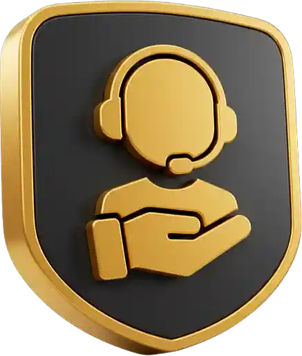 Um emblema dourado e preto em forma de escudo que exibe uma pessoa usando um fone de ouvido acima de uma mão aberta, representando o atendimento ou suporte ao cliente.