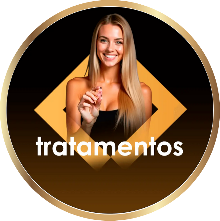 Uma mulher com longos cabelos loiros, vestindo um top preto, sorri e segura um pequeno objeto. Atrás dela, há uma forma de diamante dourado em um fundo preto. A palavra tratamentos aparece em texto branco na imagem.