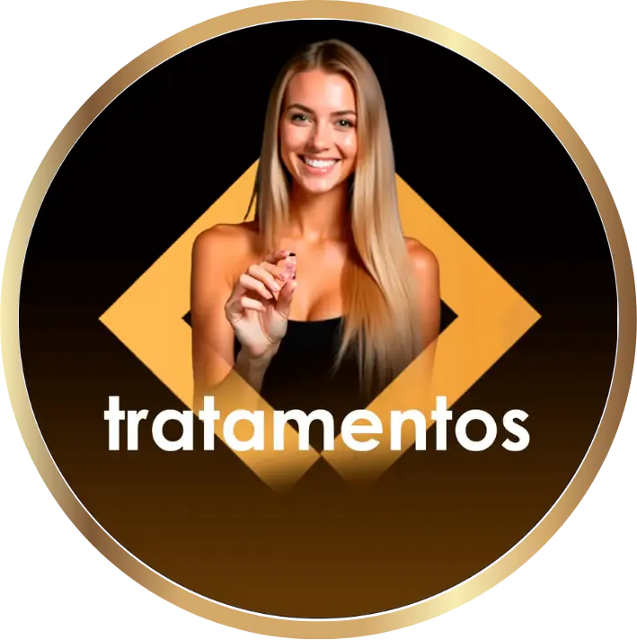 Uma mulher com longos cabelos loiros, vestindo um top preto, sorri e segura um pequeno objeto. Atrás dela, há uma forma de diamante dourado em um fundo preto. A palavra tratamentos aparece em texto branco na imagem.
