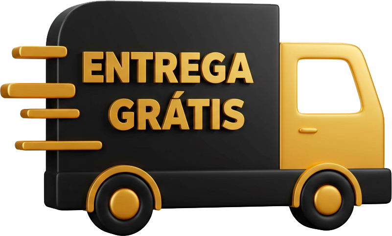 Um ícone de caminhão preto e amarelo com as palavras ENTREGA GRÁTIS na lateral, sugerindo entrega gratuita. Três linhas amarelas de velocidade são mostradas atrás do caminhão, indicando movimento.