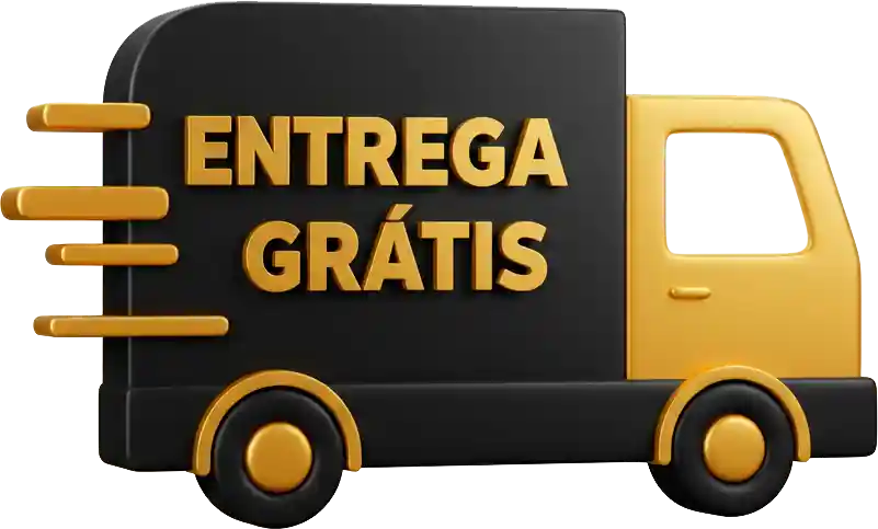 Um ícone de caminhão preto e amarelo com as palavras ENTREGA GRÁTIS na lateral, sugerindo entrega gratuita. Três linhas amarelas de velocidade são mostradas atrás do caminhão, indicando movimento.