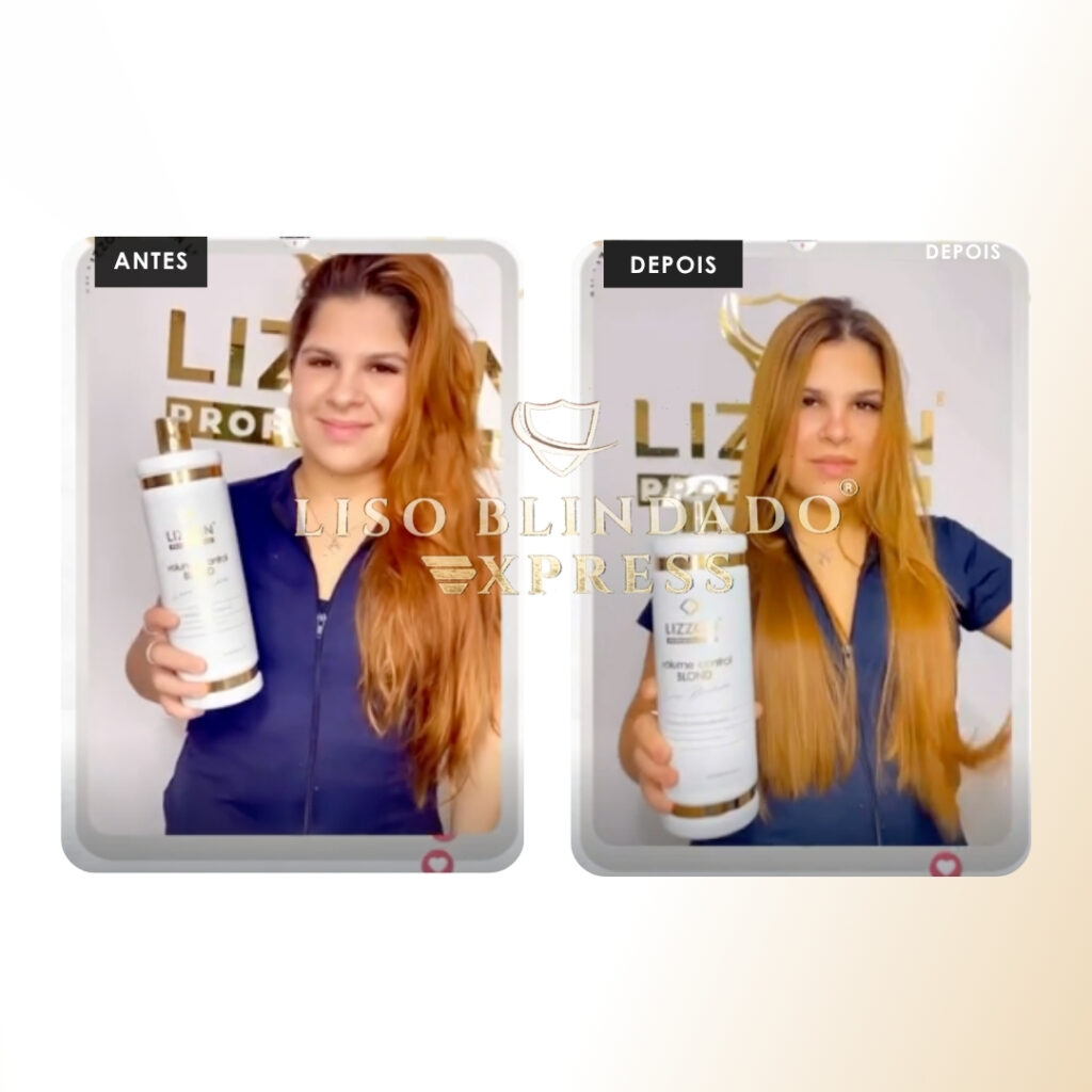 Fotos lado a lado de uma mulher segurando um produto para cabelo. Esquerda: Seu cabelo é ondulado e volumoso, rotulado como