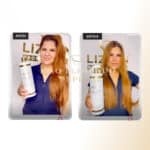 Fotos lado a lado de uma mulher segurando um produto para cabelo. Esquerda: Seu cabelo é ondulado e volumoso, rotulado como "Antes". Direita: Seu cabelo é liso e reto, rotulado como "Depois". As palavras "Liso Blindado Express" estão sobrepostas.