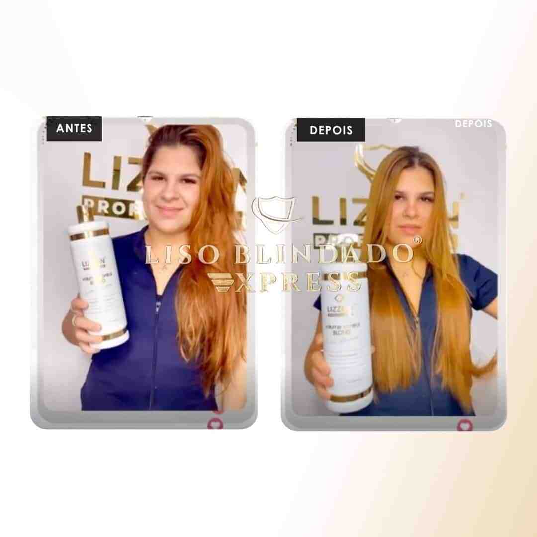 Fotos lado a lado de uma mulher segurando um produto para cabelo. Esquerda: Seu cabelo é ondulado e volumoso, rotulado como "Antes". Direita: Seu cabelo é liso e reto, rotulado como "Depois". As palavras "Liso Blindado Express" estão sobrepostas.