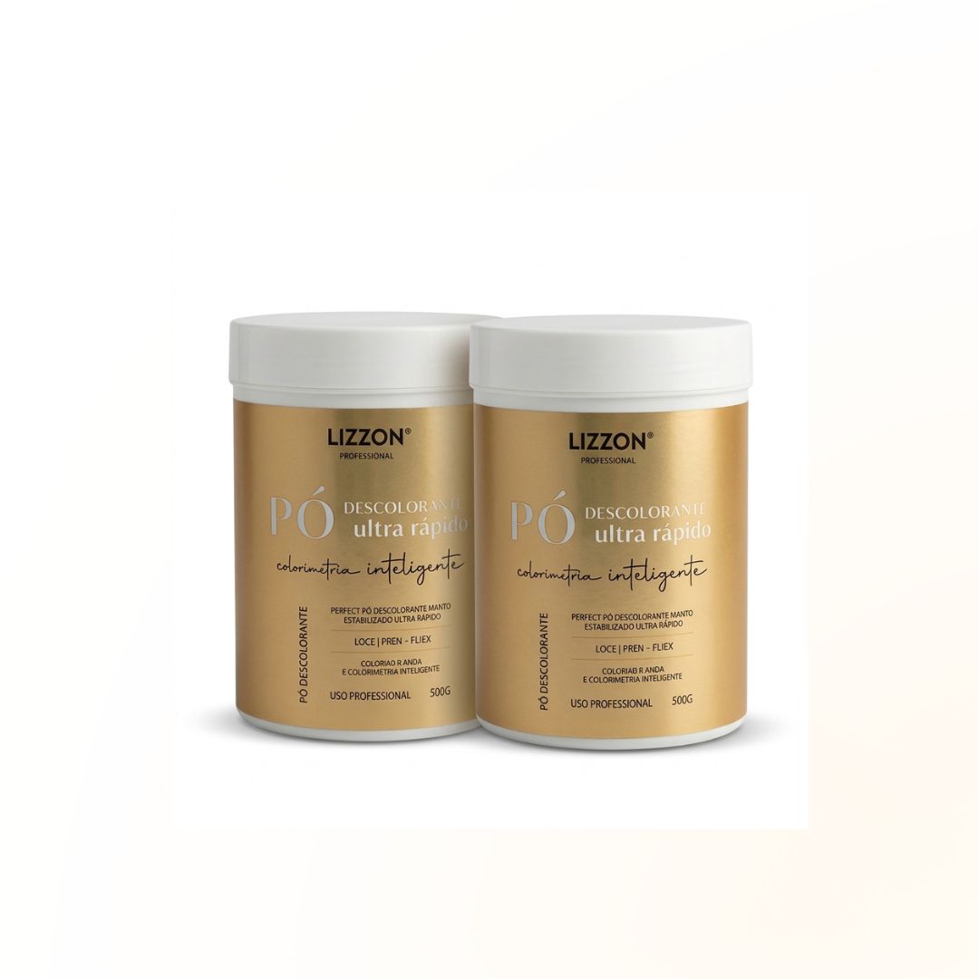 Dois recipientes dourados e brancos de Pó Descolorante Ultra Rápido PLEX 500g (2 unidades) são colocados lado a lado em um fundo branco liso, cada um exibindo a fórmula de nível profissional da Lizzon.