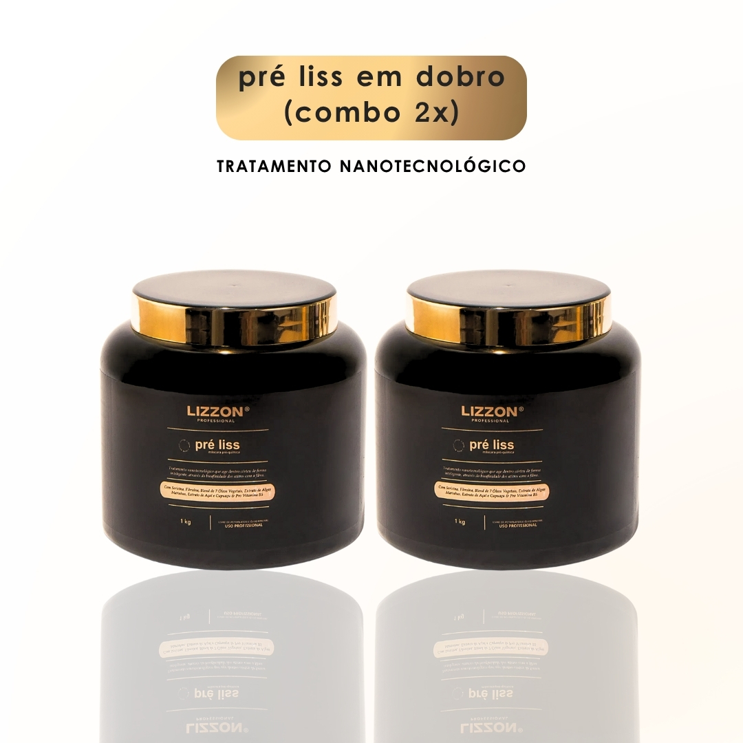 Dois frascos pretos com tampas douradas com o rótulo Máscara Pre Liss (PRO) em Dobro (combo 2x) estão lado a lado em um fundo branco. Acima deles, o texto diz 