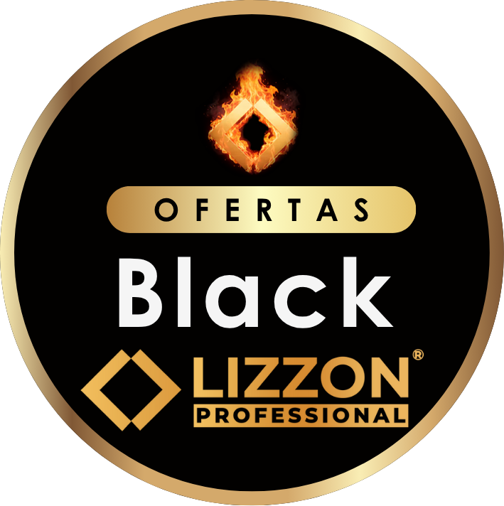 Distintivo circular com uma borda dourada, uma chama em forma de diamante na parte superior, a palavra OFERTAS em uma barra dourada, Preto em texto branco e LIZZON PROFESSIONAL em dourado na parte inferior.
