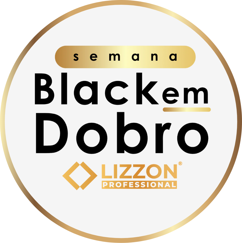Um logotipo circular com uma borda dourada diz semana Black em Dobro em texto preto e dourado, e Lizzon Professional com um ícone em forma de diamante em dourado na parte inferior.