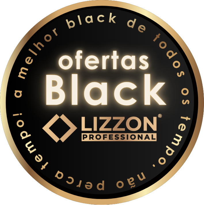 Um emblema redondo preto e dourado com o texto ofertas Black Lizzon Professional no centro e a melhor black de todos os tempos! Lizzon, não perca tempo! ao redor da borda.