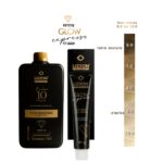 Um kit preto Retoq Express (Glow Express Oferta Secreta) Cobertura Brancos Express Única 1 A 10 frasco e tubo são mostrados ao lado de uma tabela de cores que exibe tons de 6.0 (loiro escuro) a 10.0 (loiro mais claro). Rótulos de texto identificam cada item.