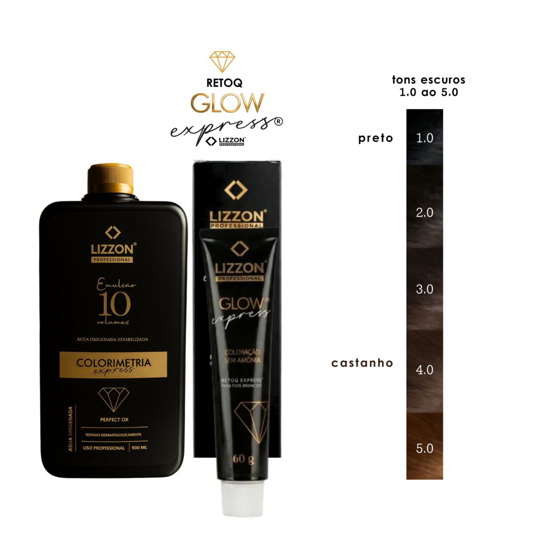 Um kit Retoq Express (Glow Express Oferta Secreta) Cobertura Brancos Express Única 1 A 10 é mostrado ao lado de uma cartela de cores vertical que exibe tons de cabelo do preto (1,0) ao marrom escuro (5,0).