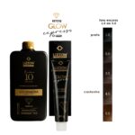 Um kit Retoq Express (Glow Express Oferta Secreta) Cobertura Brancos Express Única 1 A 10 é mostrado ao lado de uma cartela de cores vertical que exibe tons de cabelo do preto (1,0) ao marrom escuro (5,0).