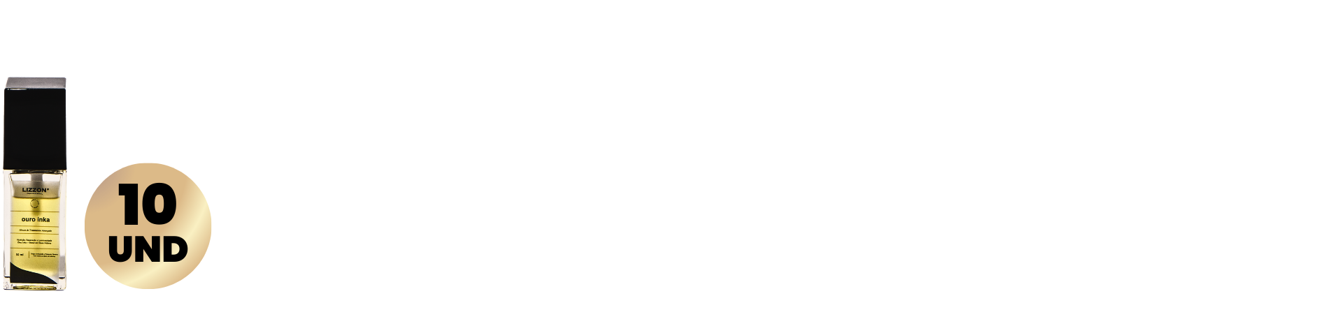 À esquerda, há um frasco transparente de Sérum ouro Inka (Combo 10 unidades) com uma tampa preta. Ao lado, há um círculo dourado com a inscrição 