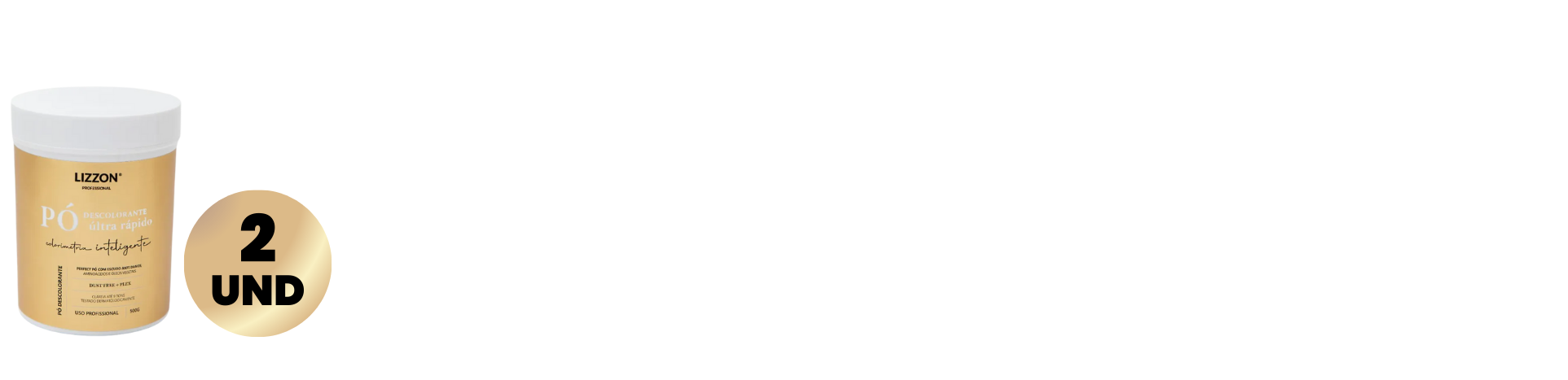 Um contêiner de Combo 2 Unidades Pó Descolorante Ultra Rápido PLEX 500g (1kg Total) é exibido com um círculo dourado mostrando 