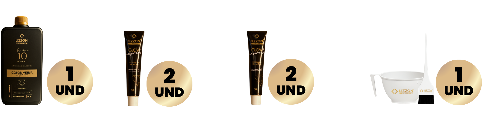 O kit Retoq Express (Glow Express Oferta Secreta) inclui: 1 frasco preto, 2 tubos pretos, outro conjunto de 2 tubos pretos e 1 tigela branca com um pincel - cada um rotulado com um círculo dourado mostrando suas quantidades.