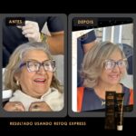 Fotos lado a lado mostram uma mulher idosa antes e depois de usar o kit Retoq Express (Glow Express): no 