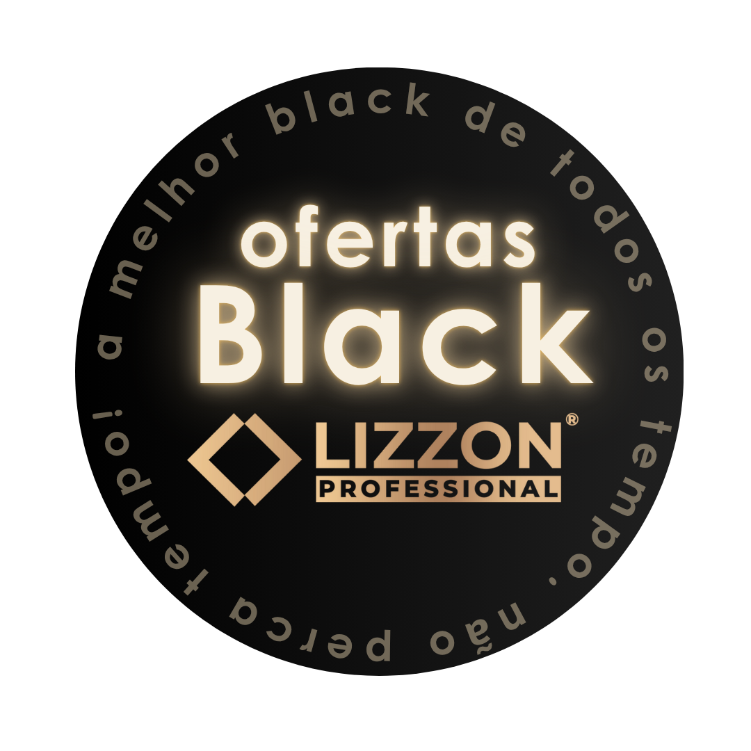 blacklizzon Um crachá circular preto com o texto ofertas Black Lizzon Professional no centro e um melhor black de todos os tempos! não perca o tempo! escrito ao redor da borda em português.