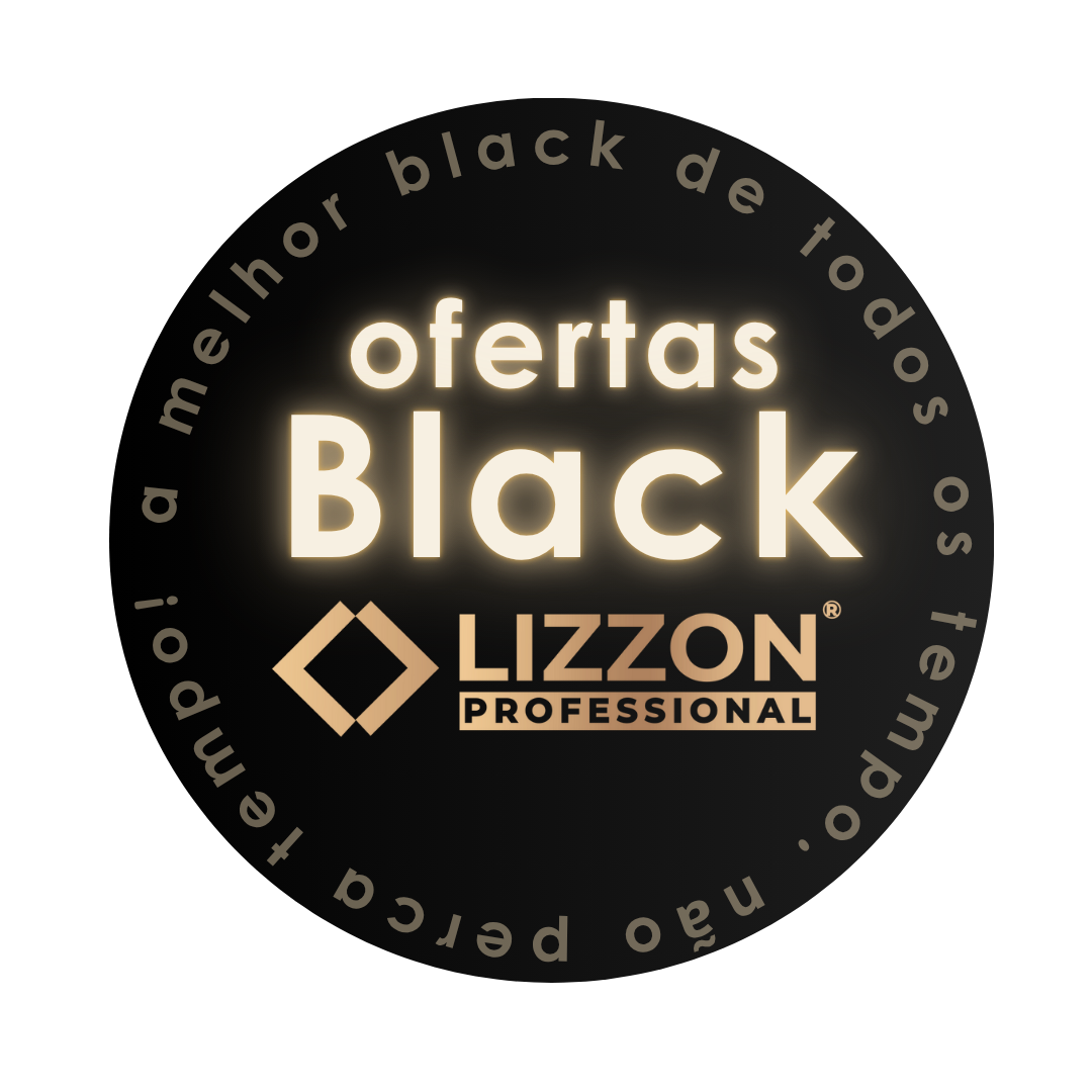 blacklizzon Um crachá circular preto com o texto ofertas Black Lizzon Professional no centro e um melhor black de todos os tempos! não perca o tempo! escrito ao redor da borda em português.