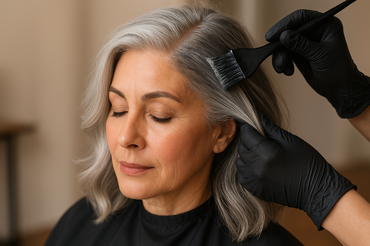 Uma mulher com cabelos grisalhos está sentada com os olhos fechados enquanto uma pessoa usando luvas pretas aplica tinta de cabelo perto de suas raízes usando um pincel.