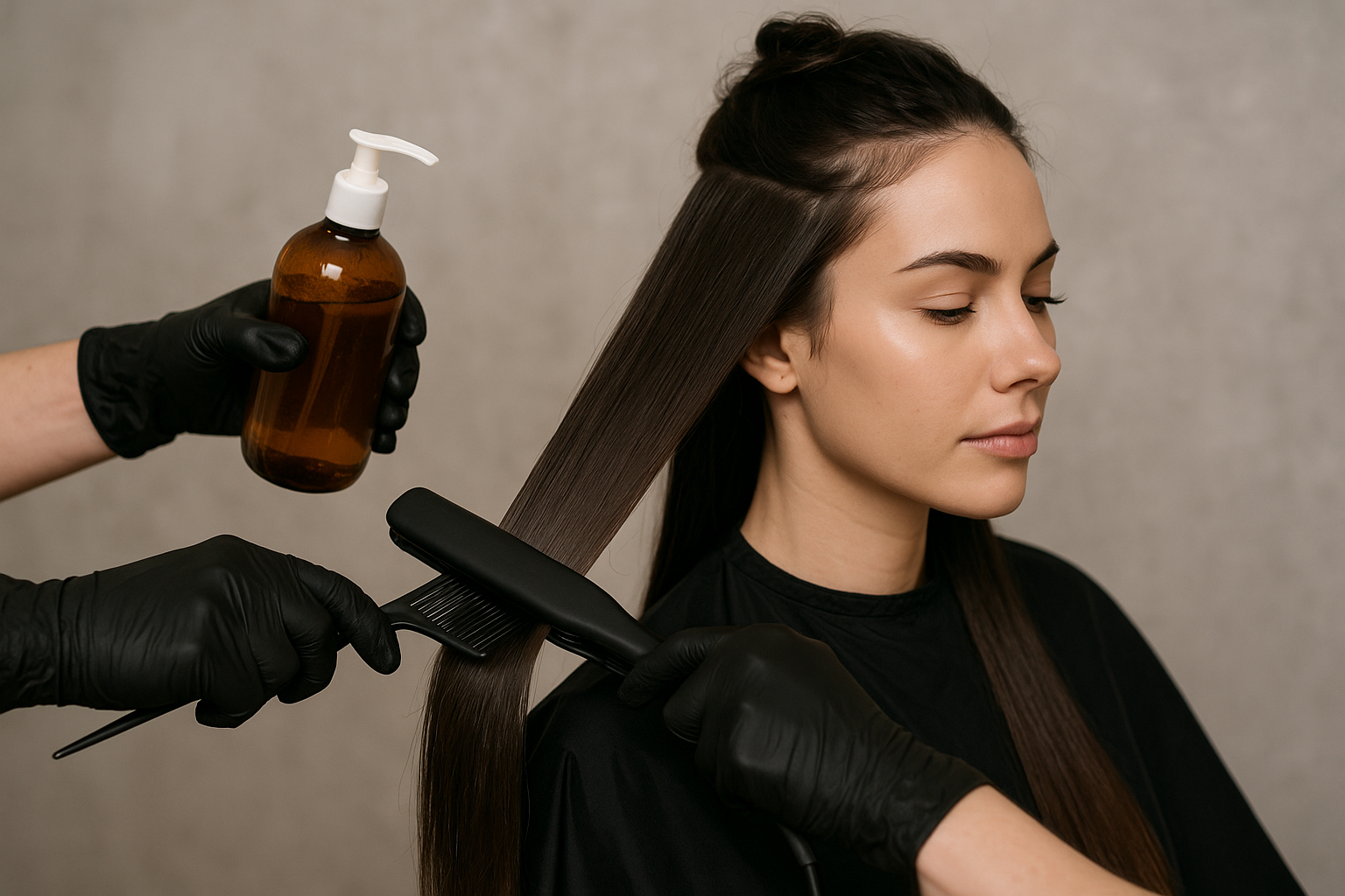 Uma pessoa com cabelos escuros longos e lisos está sendo tratada. Uma mão com luva segura um frasco marrom com uma bomba, enquanto outra usa uma chapinha e um pente para alisar o cabelo. A pessoa parece relaxada.