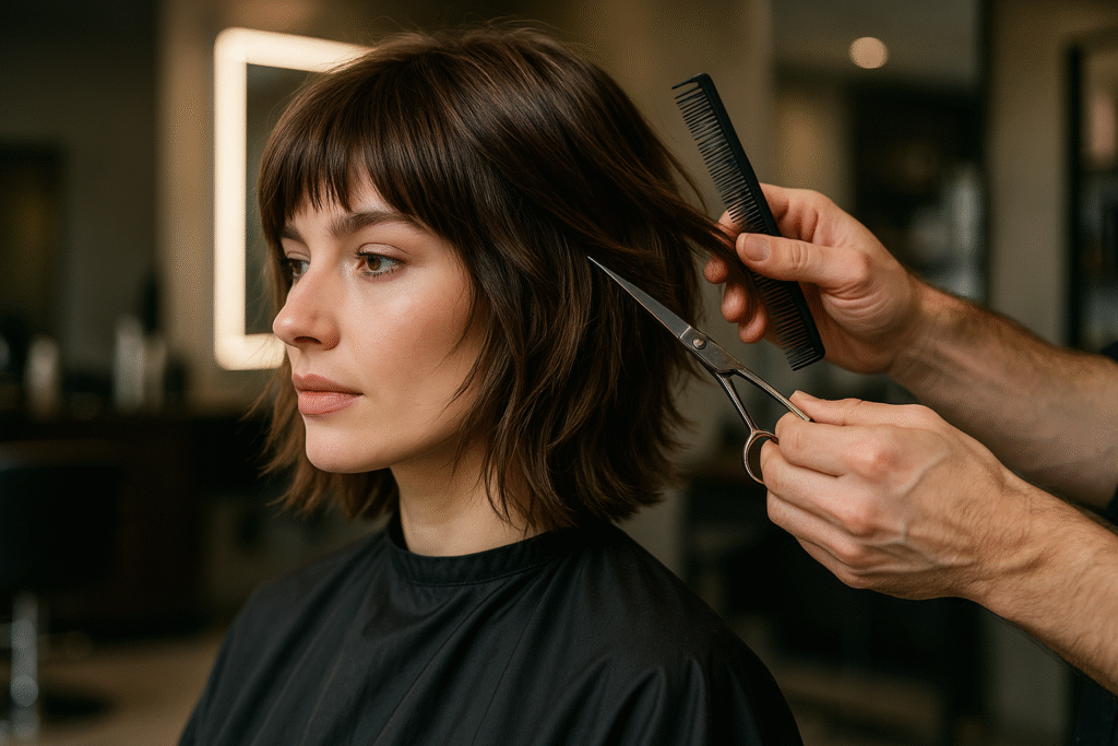 Uma pessoa com cabelo castanho curto senta-se em uma cadeira de salão usando uma capa preta enquanto um cabeleireiro apara seu cabelo com uma tesoura e um pente. O plano de fundo mostra um ambiente de salão desfocado.